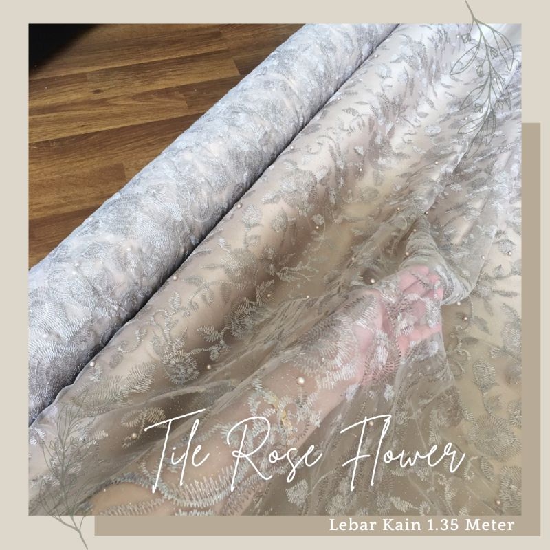 Bahan Kain  Kebaya Brokat Tile Mutiara Gliter Rose Flower Warna Coksu