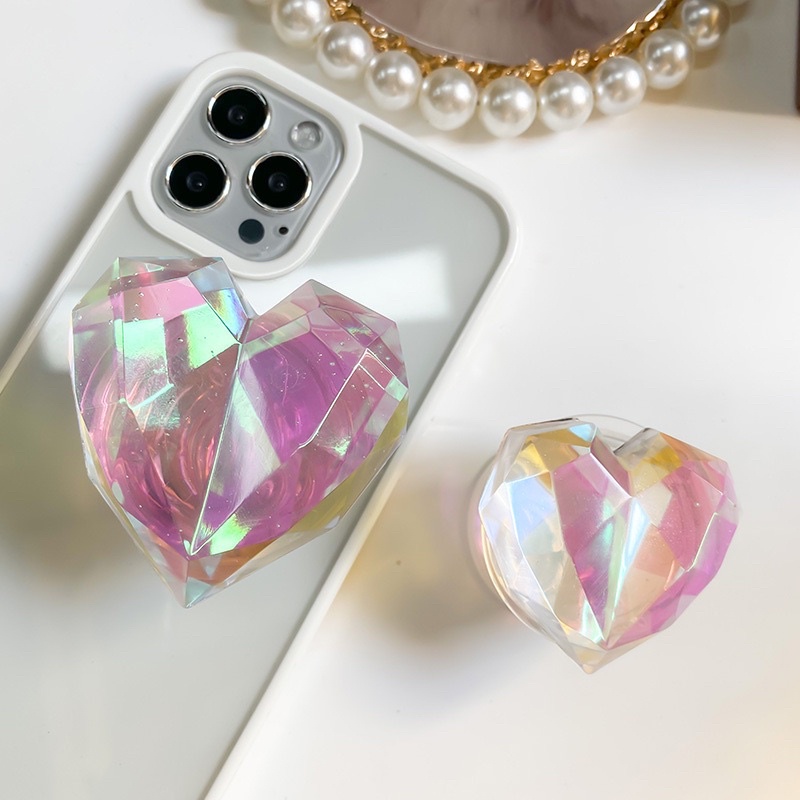 Pink Hologram Crystal Heart Popsocket Phone Holder Pegangan HP