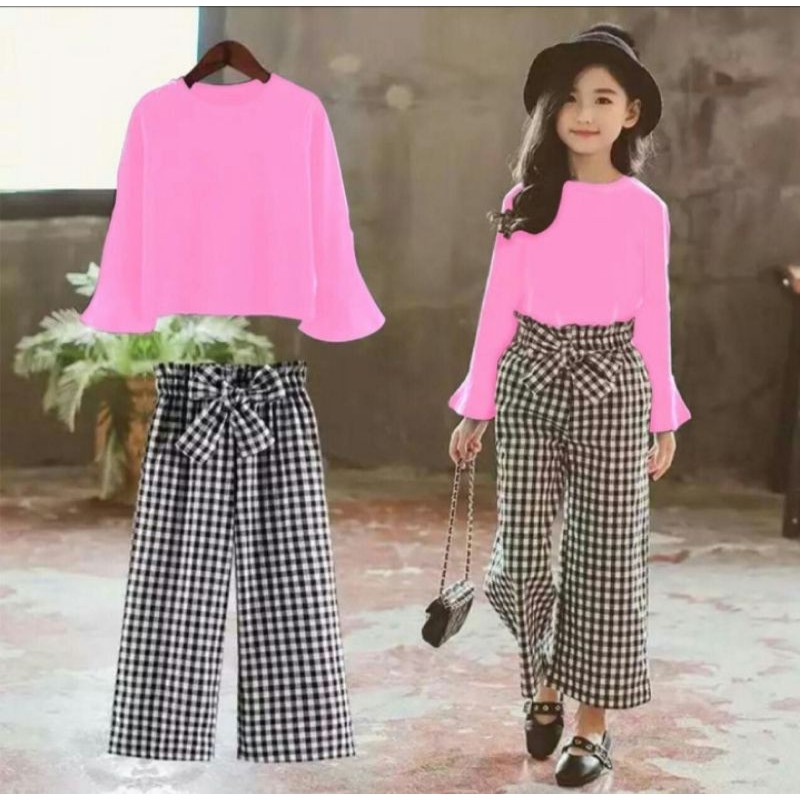 Setelan Anak Perempuan Celana Kotak Kotak Katun Simple Elegan