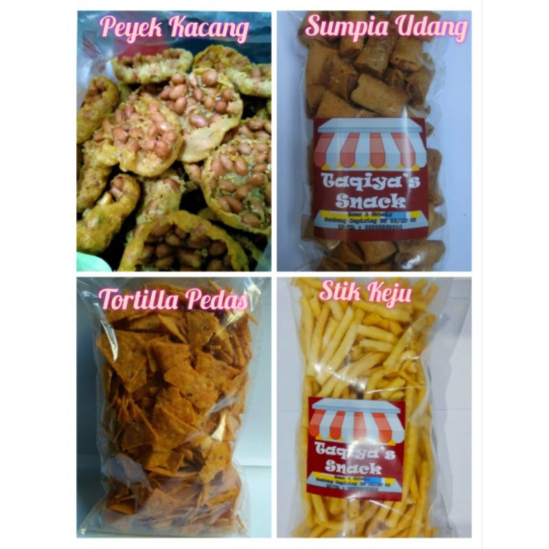 

peyek kacang,sumpia udang,tortilla pedas,stik keju