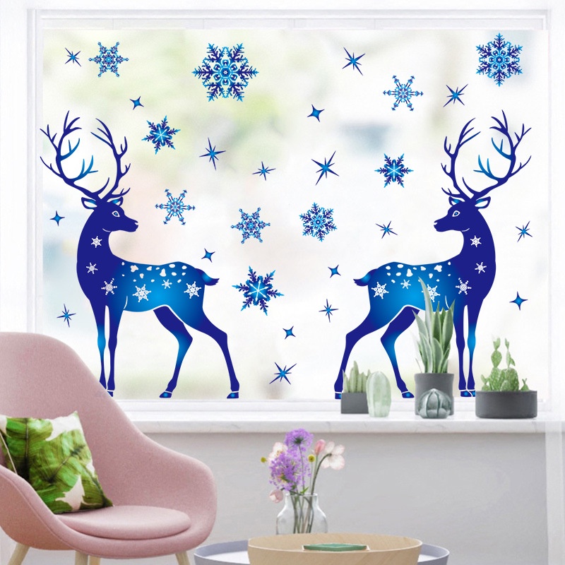 [Removable Christmas Snowflake Window Stickers] [Blue Snowflake Elk PVC Wall Glass Stickers For Home New Year Xmas Party Decor Noel]