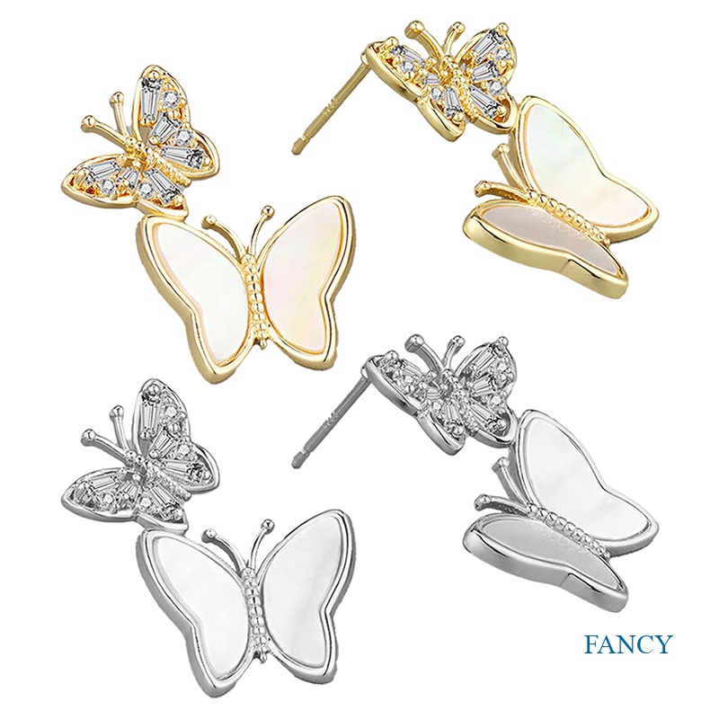 Anting Stud Kristal Bentuk Kupu-Kupu Warna Silver Untuk Wanita Butterfly