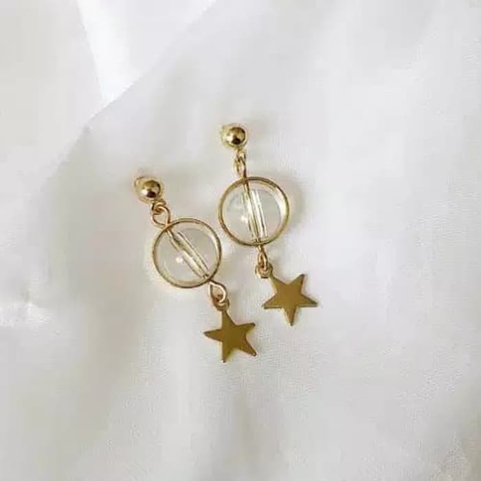 Anting Bintang Panjang Simple Gold Star Circle Pendant Long