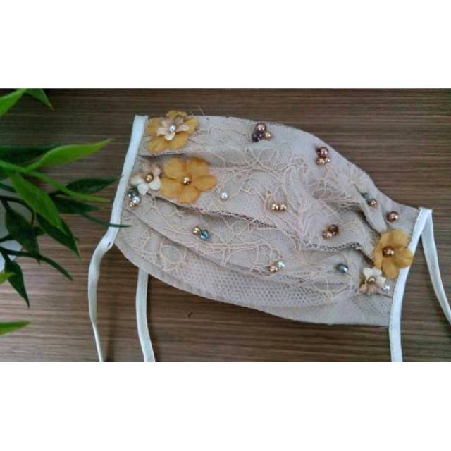 Masker cantik payet bunga mutiara 3 ply kain brukat kwalitas premium