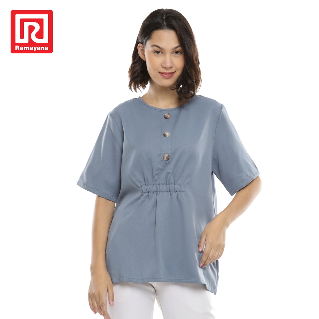 Ramayana - JJ Jeans Blouse Wanita Kancing Kombinasi Kerut S/S B042028 Biru M-1