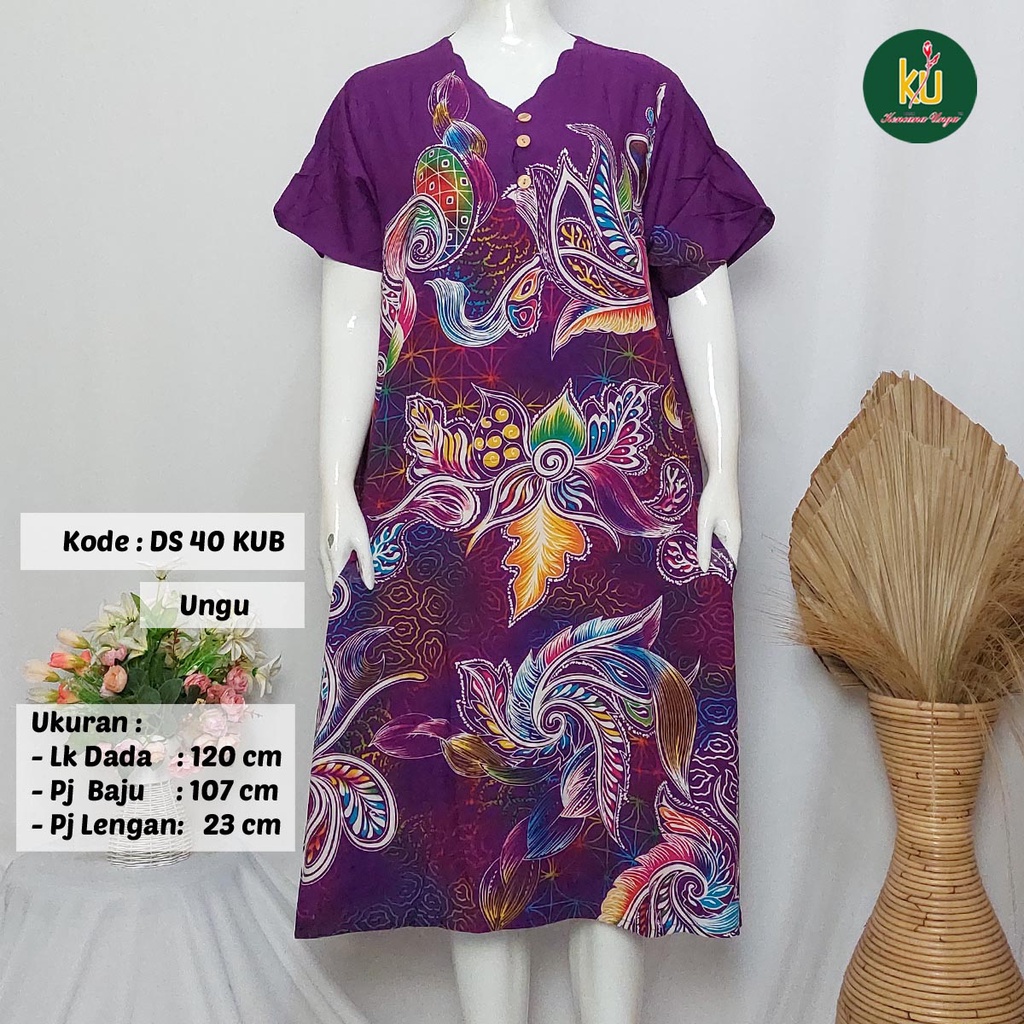 COD DS40 KUB | Daster Batik Kencana Ungu Asli Label Biru Ukuran Jumbo | Baju Santai Tidur Wanita Dewasa Kancing Depan Busui Friendly Motif Terbaru-Ungu B