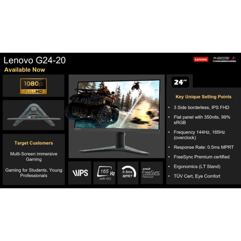 LED Monitor Gaming Lenovo G24-20 23.8&quot; FLAT FHD HDMI 144-165Hz Garansi