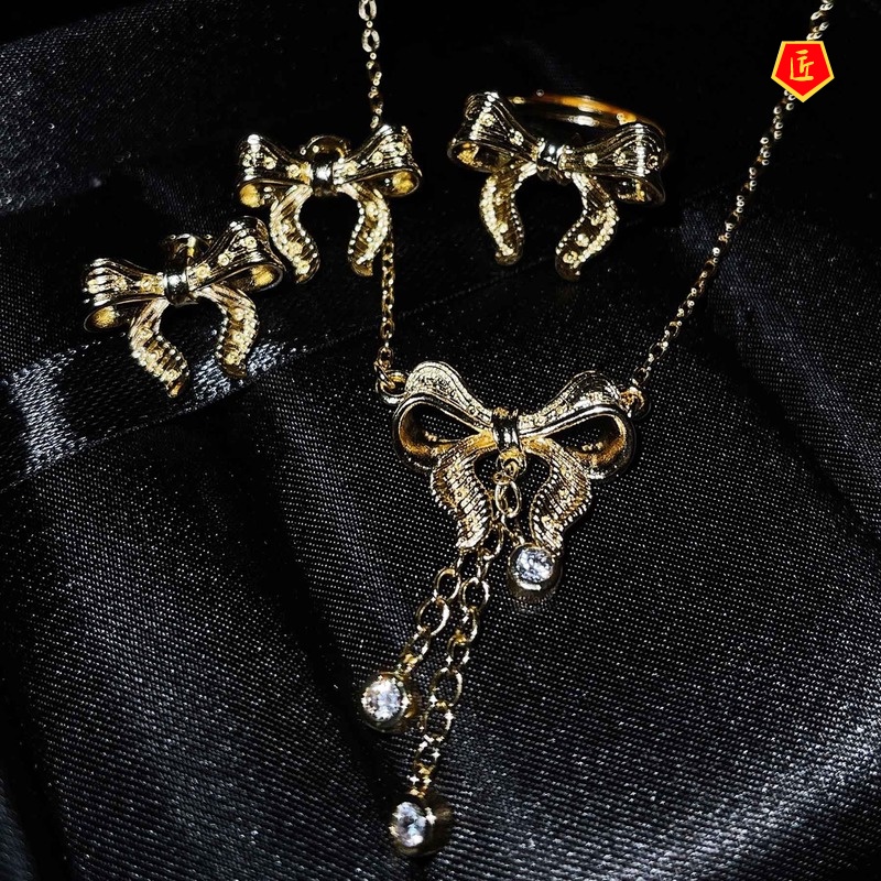 [Ready Stock]Fairy Design Bow Tassel Necklace 18K Gold Open Rings Ear Studs