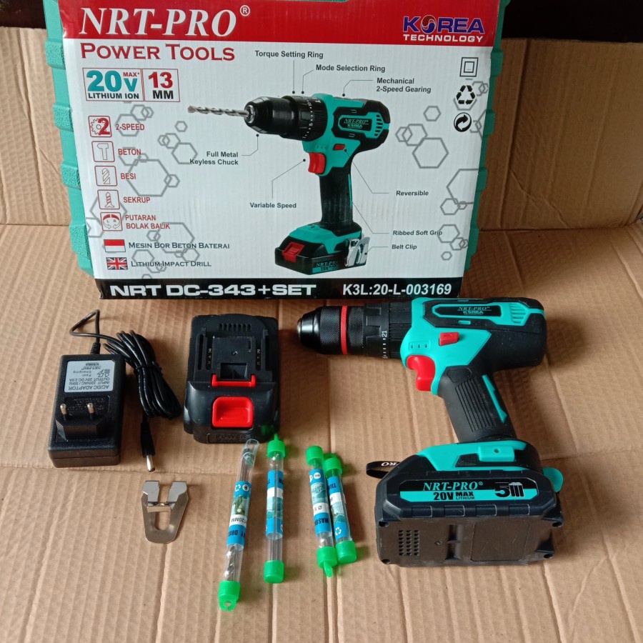 NRT-PRO DC-343 + SET Mesin Bor Cordless 13mm Bor Tembok Besi