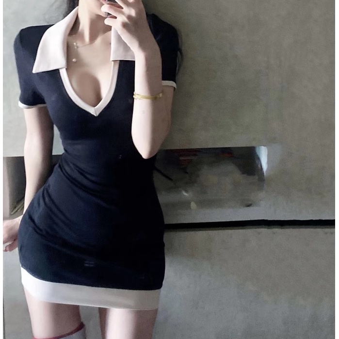 Korean V Neck Polo Collar Slim Mini Dress 1455 (S-XL)