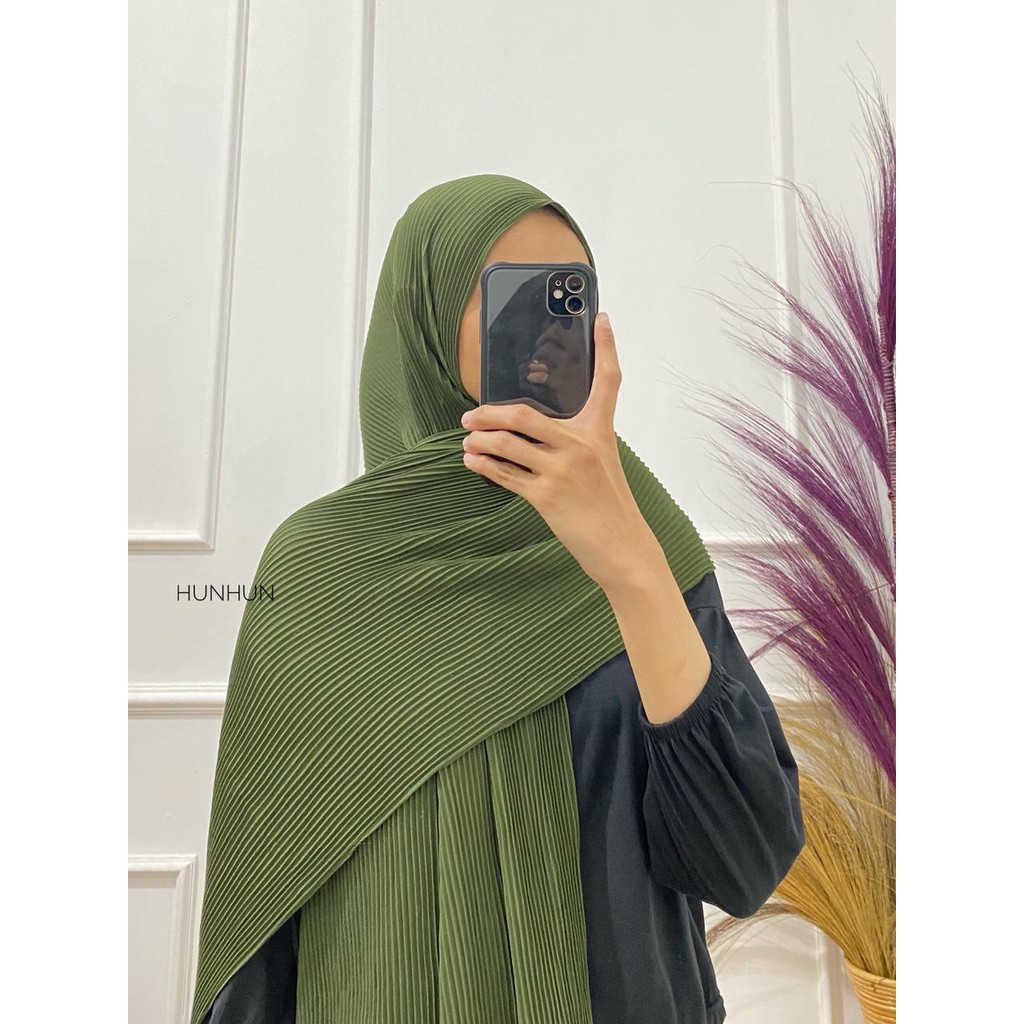 (Full Plisket Ceruty) Pashmina Pasmina Plisket Lidi Premium/ Fatin Jilbab Pasmina-FULL CERUTY (B)ARMY