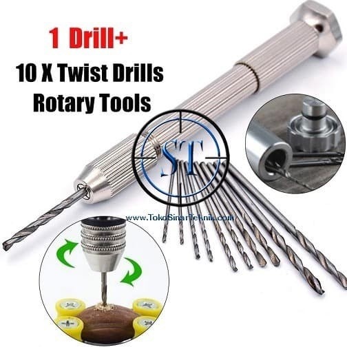 Aluminum Mini Micro Mini Pen Hand Drill Keyless Chuck Bor Tangan Manual Bentuk Pen + 10 Mata Bor HSS wist Drill Bit