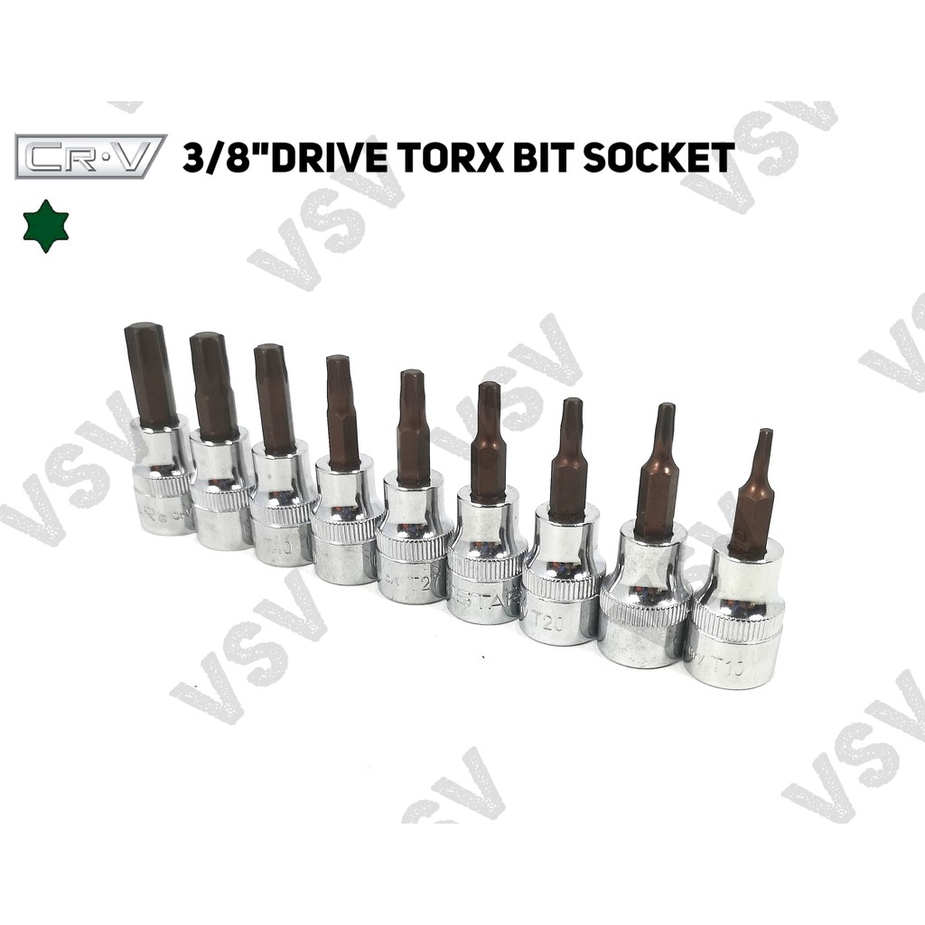 Gestar Torx Bit Socket 3/8&quot;Drive 9pc T10-T50 Kunci shock L Bintang Sock