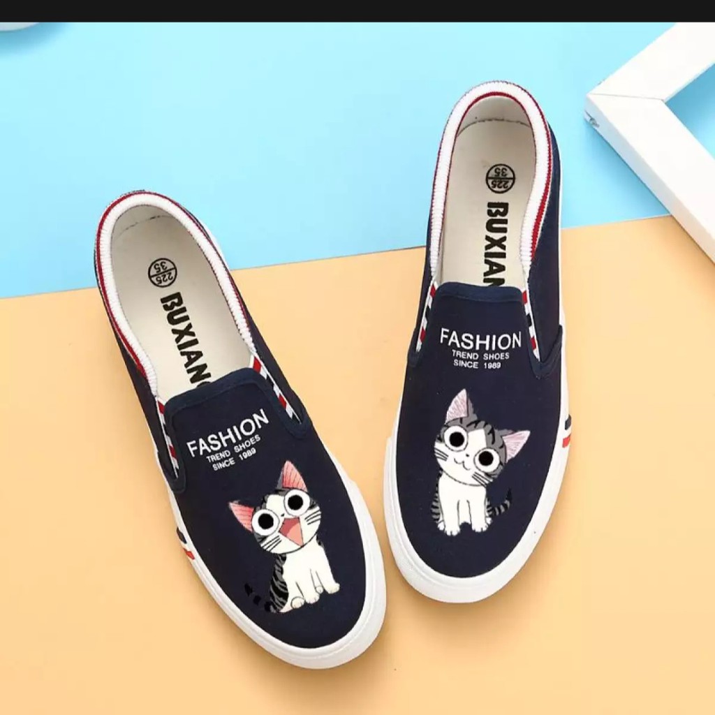 HD- SEPATU WANITA SLIP ON MEOW CAT PRINTING MURAH - HITAM PUTIH ABU DAN BIRU DONGKER