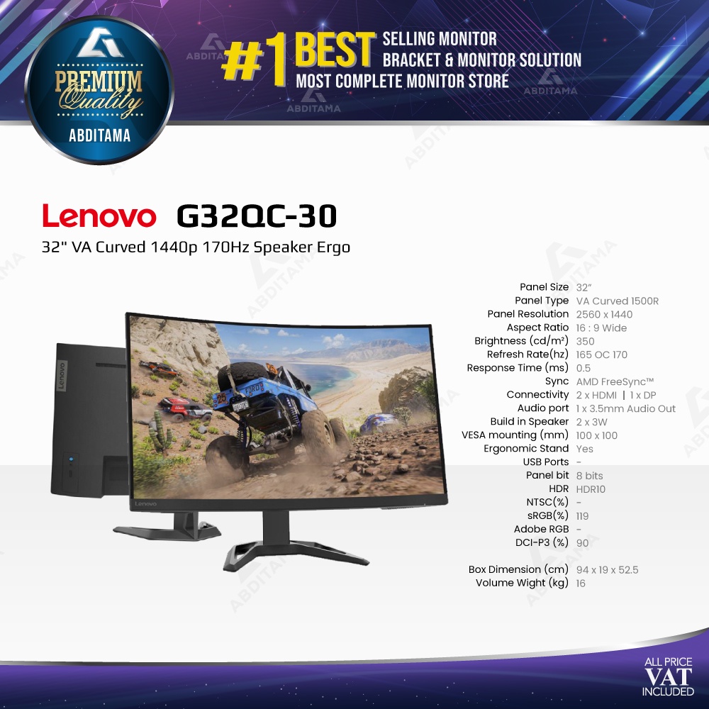 Monitor LED Lenovo G32QC-30 32&quot; VA Curved 1440p 170Hz Speaker Ergo