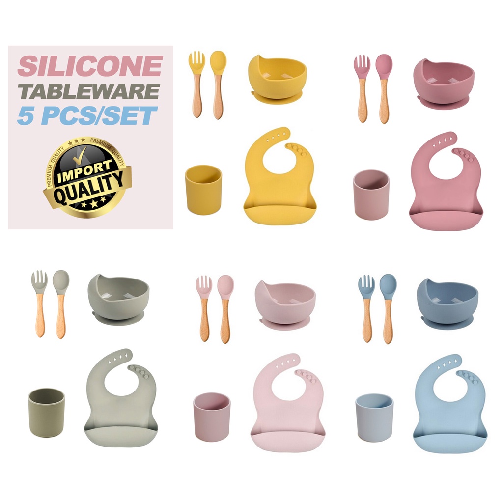 SET 5 Pcs Tempat Makan Silicon Dengan Bib Peralatan Makan Anak Murah Tableware Silikon Anak Import Bib Gelas Mangkok Silicone