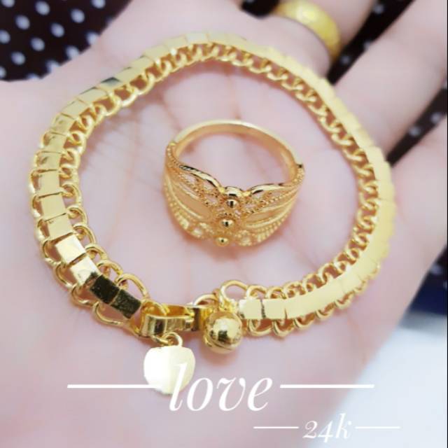 Set gelang tangan kelabang plus cincin lapisi mas 24 k