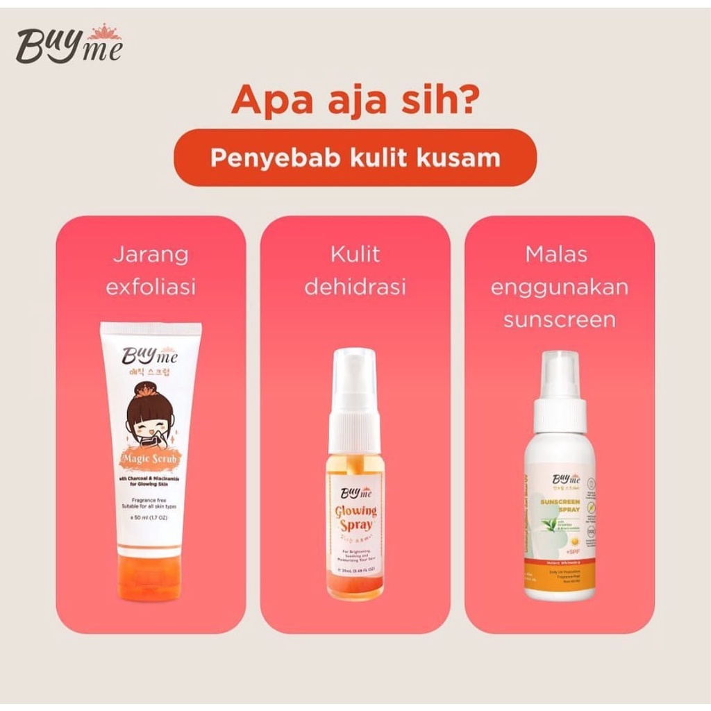 BUYME Paket 4 IN 1 : Bodywash + Magic Scrub 50 ml + Sunscreen + Glowing Spray + M.scrub 10 ml FREE Magic Glove