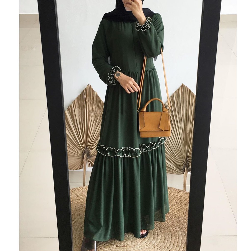 promo termurah   febrina dress gamis muslim polos beautycrepe premium aksen renda rempel wiru ld 102