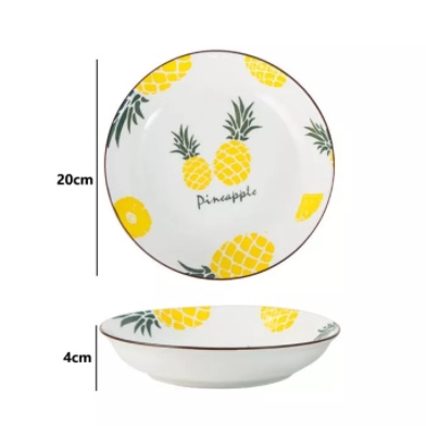 Piring Keramik Korea Motif Nanas/Strawberry/Pohon/Bunga Rose Pink Variasi 20cm-PIRING NANAS 20CM
