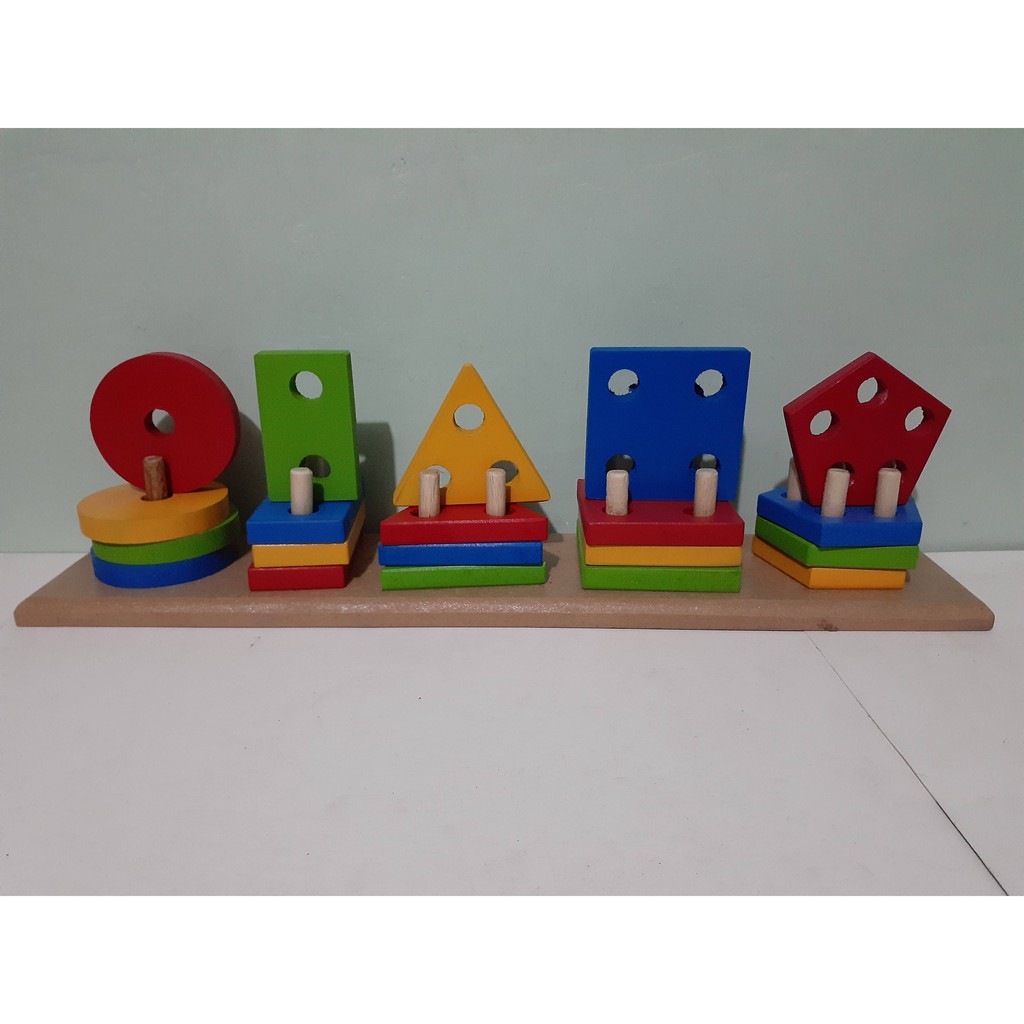 Mainan Edukasi / Edukatif Anak Puzzle Kayu Balok - Menara Geometri 5 Bentuk