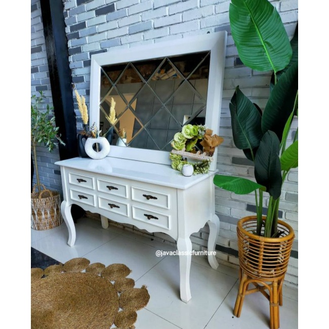 SET MEJA RIAS CONSUL FIGURA MIRROR CERMIN KACA BEVEL SCANDINAVIA TOLET HIAS WARNA PUTIH DUCO MEWAH BAHAN KAYU MAHONI OVEN KERING FURNITURE JEPARA-2