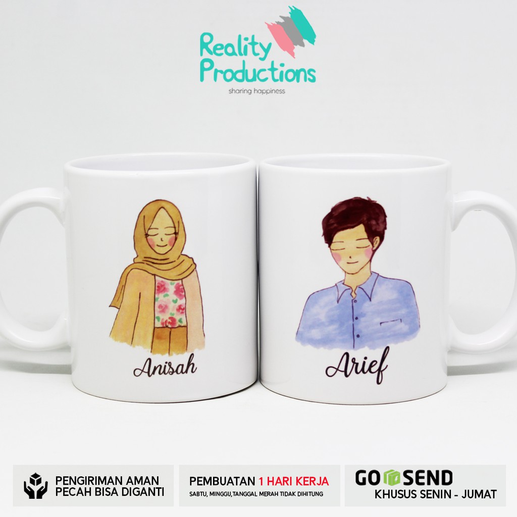 Mug Couple Doodle Pengantin Hijab Cantik  2 untuk  Kado  