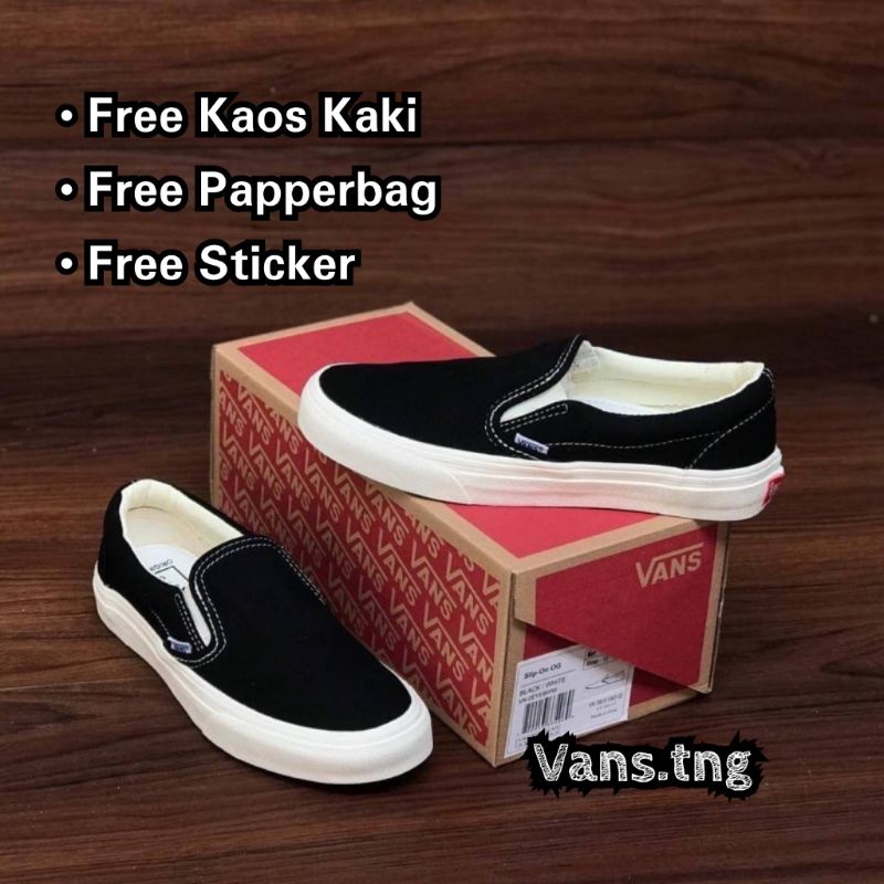 Sepatu Vans Slip On OG Black White Premium / Vans slip on OG BW Terlaris /Vans Slip On termurah Waffle DT