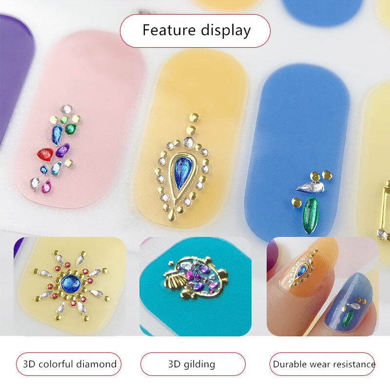 ZX 14Pcs/Set Stiker Kuku 3d Desain Bermotif High End Berlian Mutiara Permata Warna-Warni Untuk Tempel Tahan Air Tahan Lama Menicure Stickers Korea Self Adhesive Fashion Sticker kuku Full Aksesoris Dapat Kupas Mudah Digunakan Dan Dilepas Anti Air Nail Art