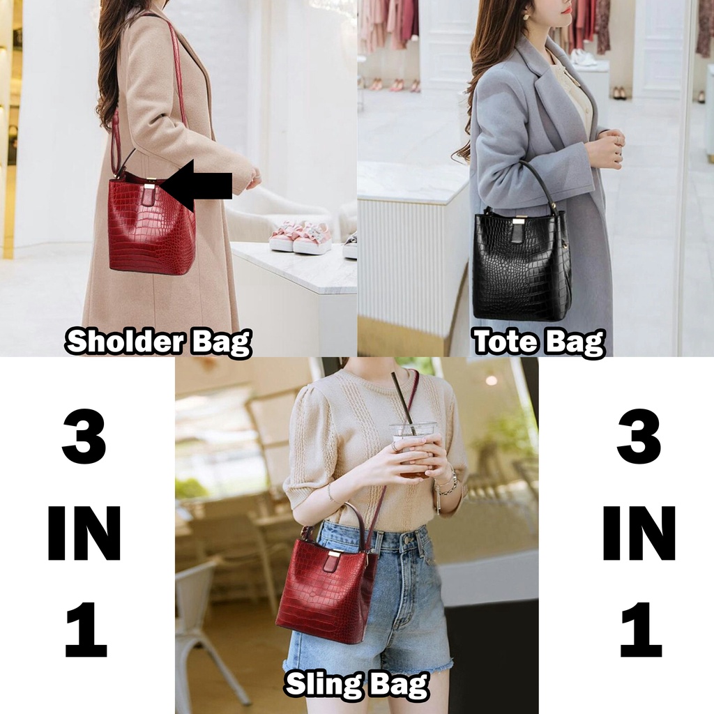 3 IN 1 TAS BAHU TAS SLEMPANG TOTE BAG Wanita Impor Korea Motif CROCODILE Original 100 % Bahan Kulit 