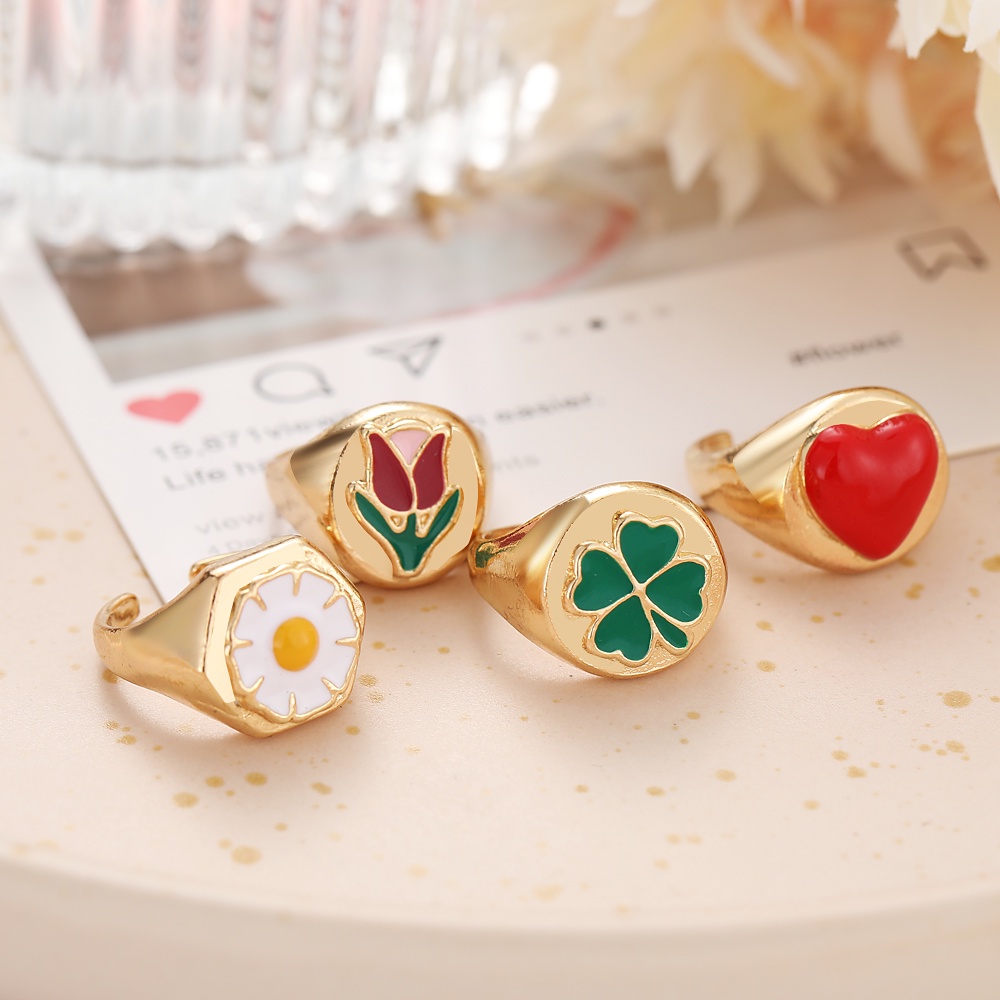 Fashion Colorful Gold Rings Retro Oil Dripping Ring Love Heart Flower Geometric Finger Ring Women Jewelry Accessories