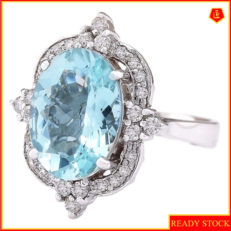 [Ready Stock]Topaz Blue Crystal Ring Luxury Micro-Inlaid Temperament