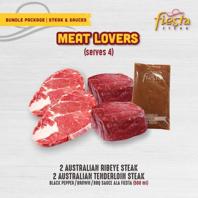 

Fiesta Steak AUS Rib-Eye & Tenderloin Steak with Saos Black Pepper/Brown/BBQ - Daging Sapi Frozen
