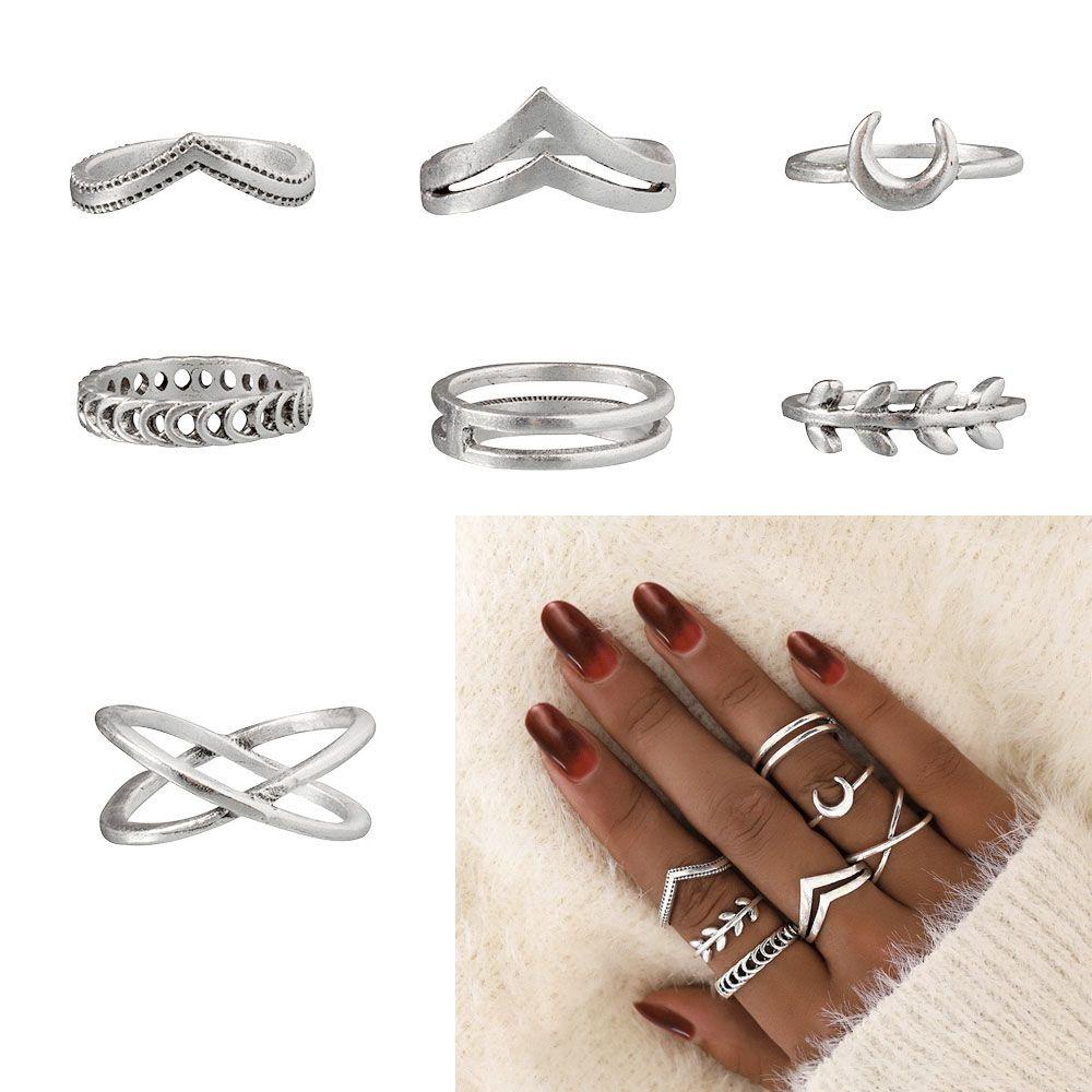 Nanas 7PCS/Set Cincin Set Fashion Wanita Aksesoris Warna Silver