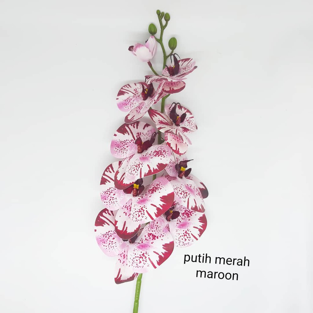 ANGGREK LATEX ORCHID X1 panjang 1 meter -  bunga plastik artificial home decor shabby chic-Putih merah maroon