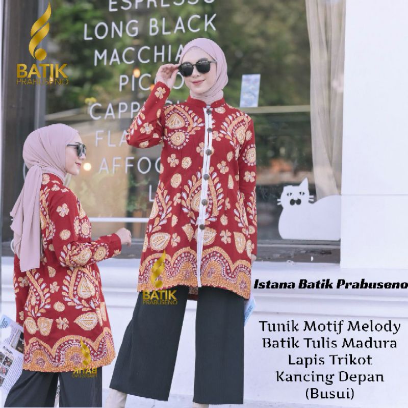Batik Prabuseno Motif Melody Batik Tulis Madura Lapis Trikot Tunik Kancing Depan Busui Friendly