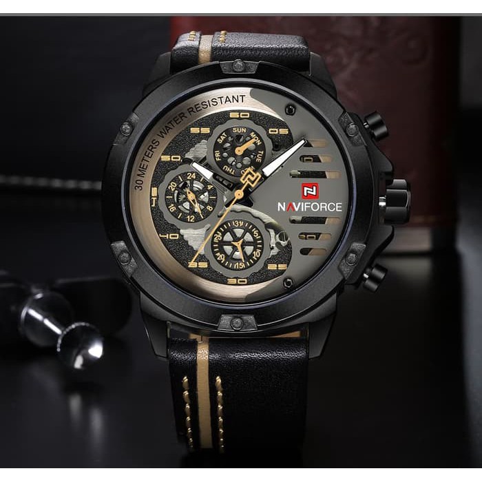 Promo Jam Tangan Pria Naviforce NF9110 Original Leather Black Grey Brown Terlaris