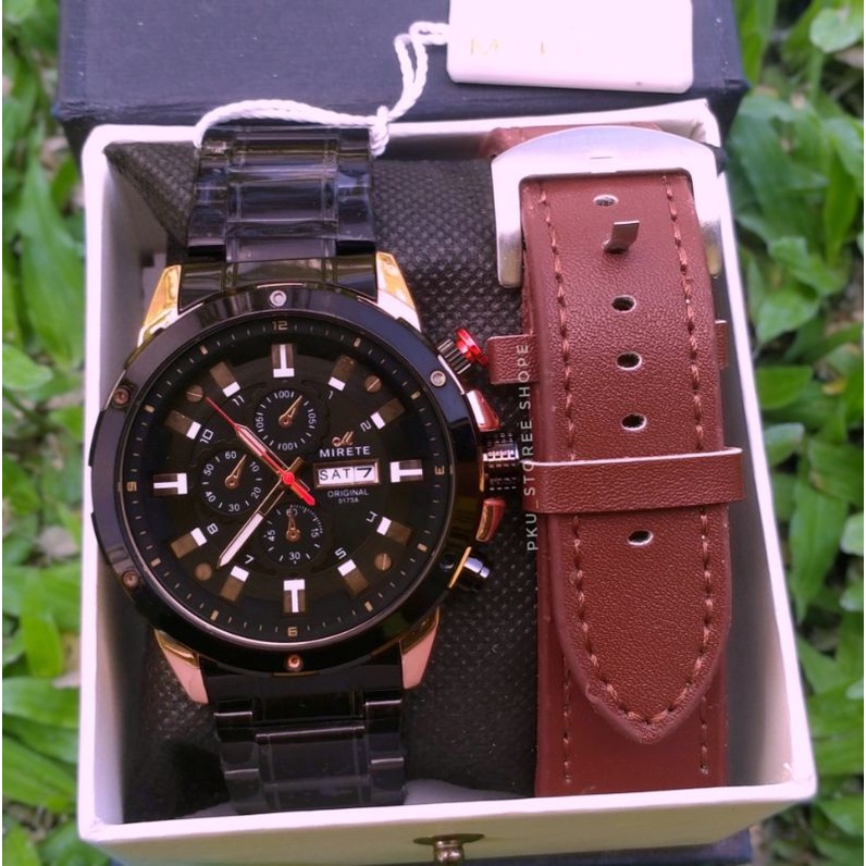 (BEST SELLER) Jam Tangan Mirete Sport Original Tanggal Hari Aktif Free  Tali Kulit | Jam Tangan Pria Analog Mirete Original | Jam Tangan Kasual Analog Stral Stainles Steel Tahan Air Free Box , FREE TALI kulit _ JAM Tangan Pria Mirete