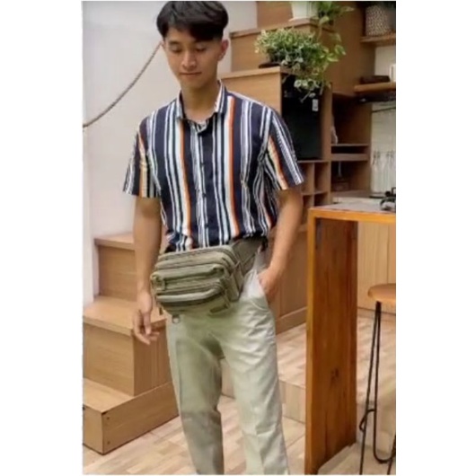 Tas pinggang pria waistbag pria slingbag cowok bahan kanvas banyak ruang resleting