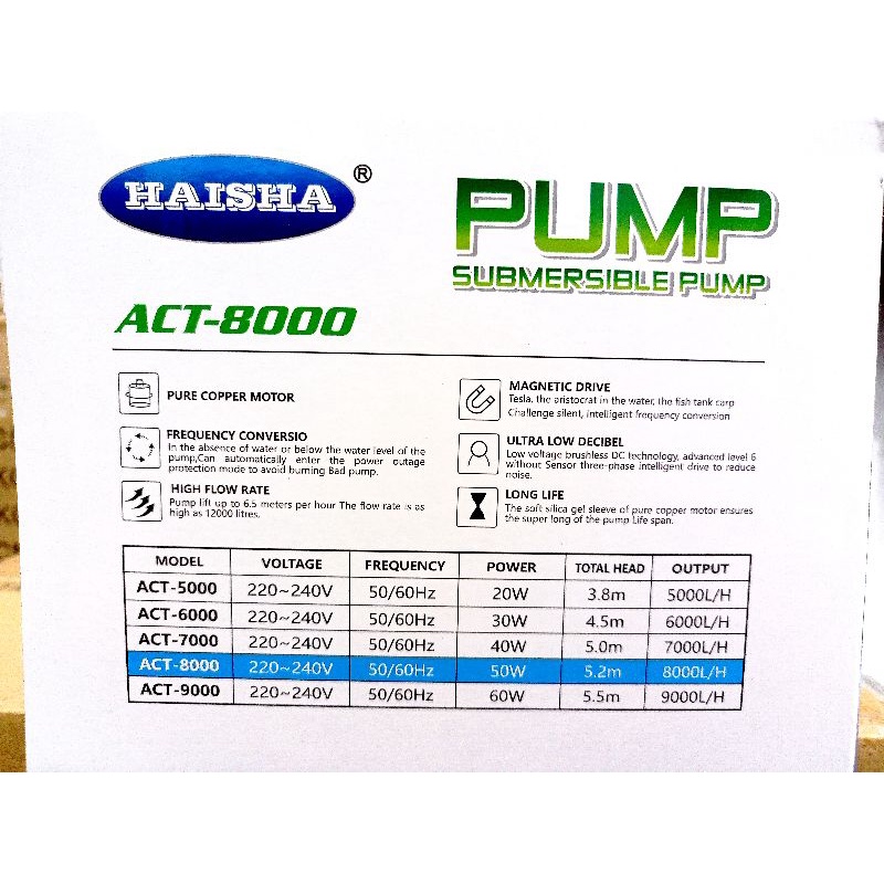 Pompa kolam koi Submersible Pump Low Watt HAISHA ACT 8000