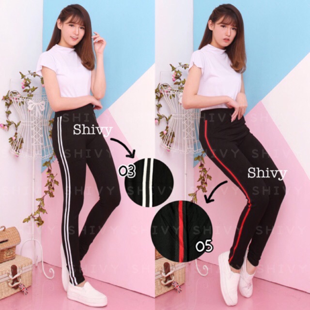 Celana Legging List Putih Pita Import Fashion Wanita Katun Jumbo