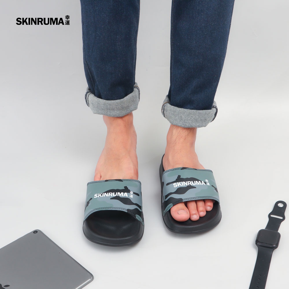 Sendal Selop Casual Pria SKINRUMA Original Grey Army Motive Hitam Abu / Sendal Slide Pria / Sendal Slip On Pria