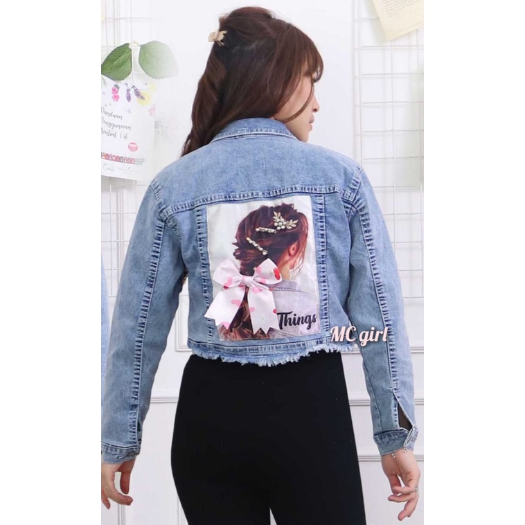 MC girl - Jaket Jeans Crop Rawis Gambar Pita Belakang 3D Wanita / Jaket Denim Body Pendek Rumbai Gambar Belakang Sequin Cewek / Jacket Lepis Snow Wash