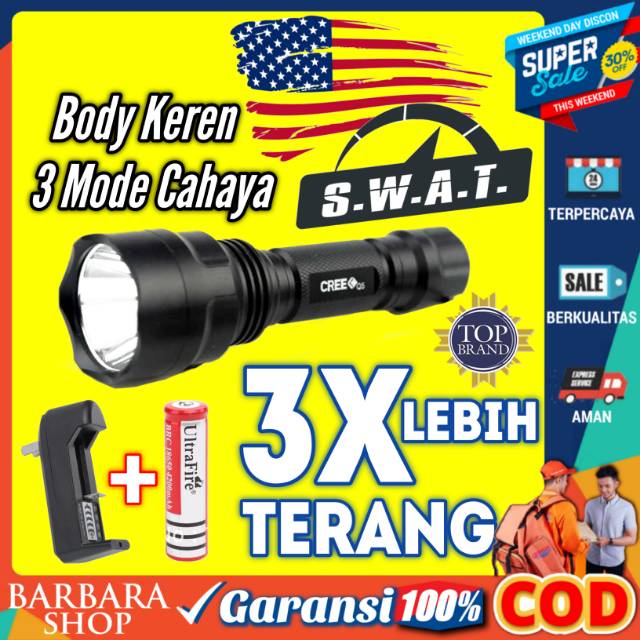 Senter LED Flashlight C8 3800 Lumens / Paket Senter Super Terang POLICE SWAT Waterproof Batrei Cesan