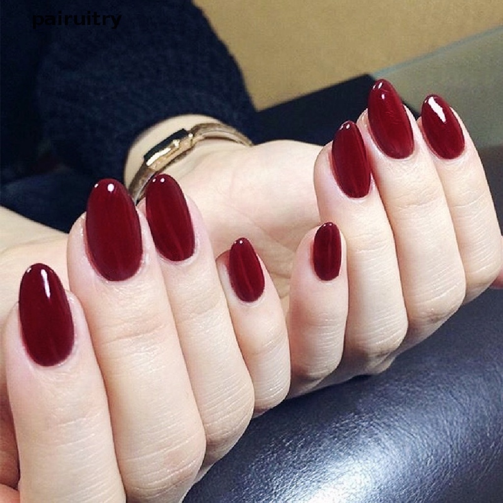 24pcs Kuku Palsu Kepala Bulat Warna Red wine Dengan Lem Untuk Dekorasi Manicure