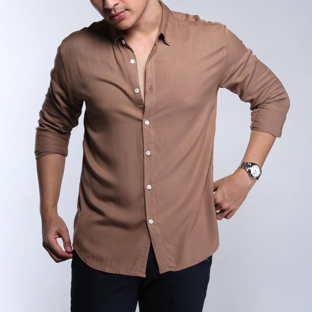 VENGOZ Kemeja Pria Slim Fit - Viscose Tan Brown