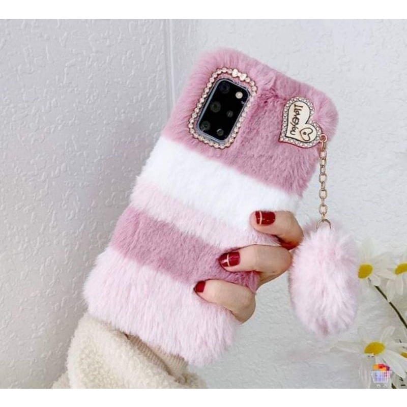 Case bulu lembut pink love gantungan Oppo Vivo Xiaomi Samsung Reno Realme Iphone