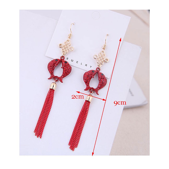 LRC Anting Gantung Fashion Red 925 Silver Needle Pisces Tassel Earrings A59878