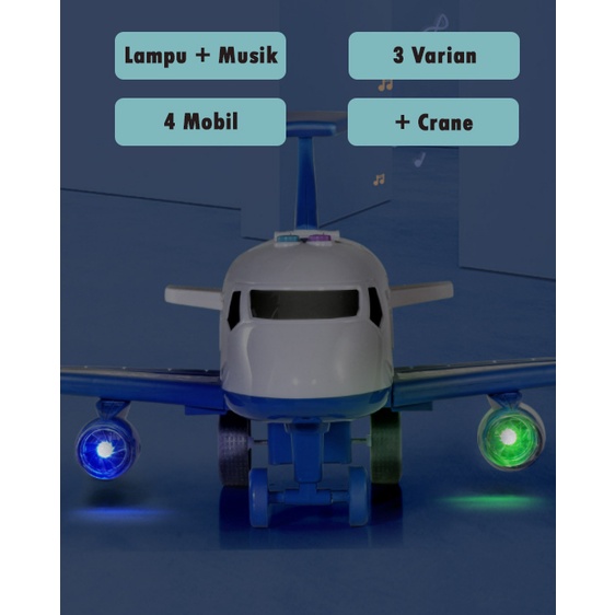 Mainan Pesawat Anak Crane + 3 mobil diecast ada lampu dan efek suara Helikopter Mobil Metal