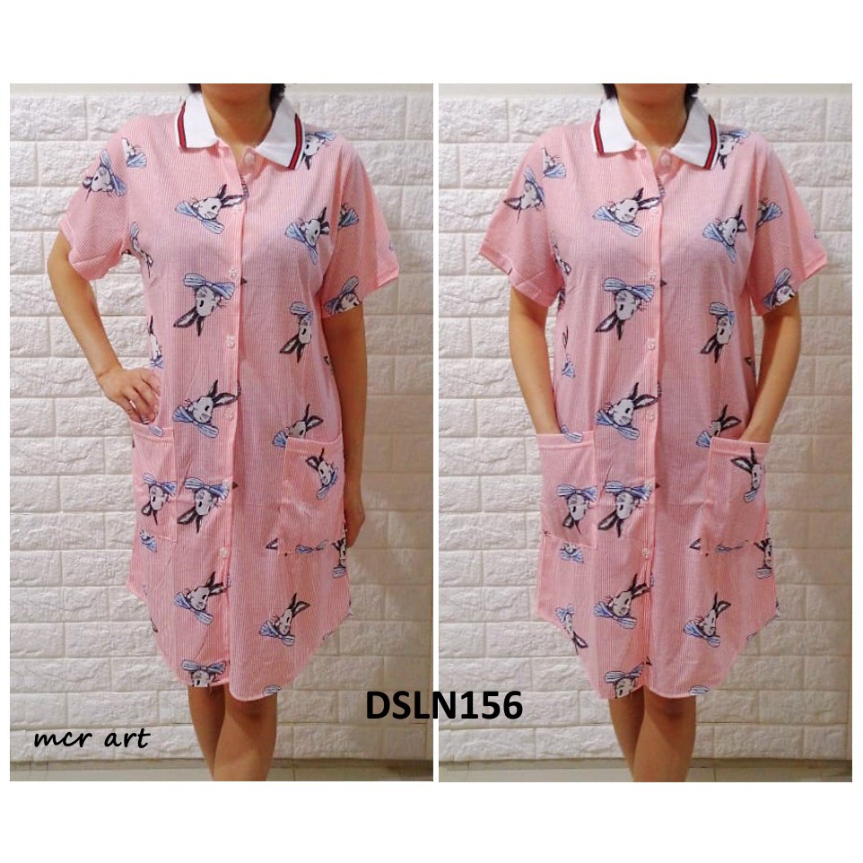 Daster Kerah Baju Tidur Wanita Rabbit Ribbon Salur Peach - DSLN156